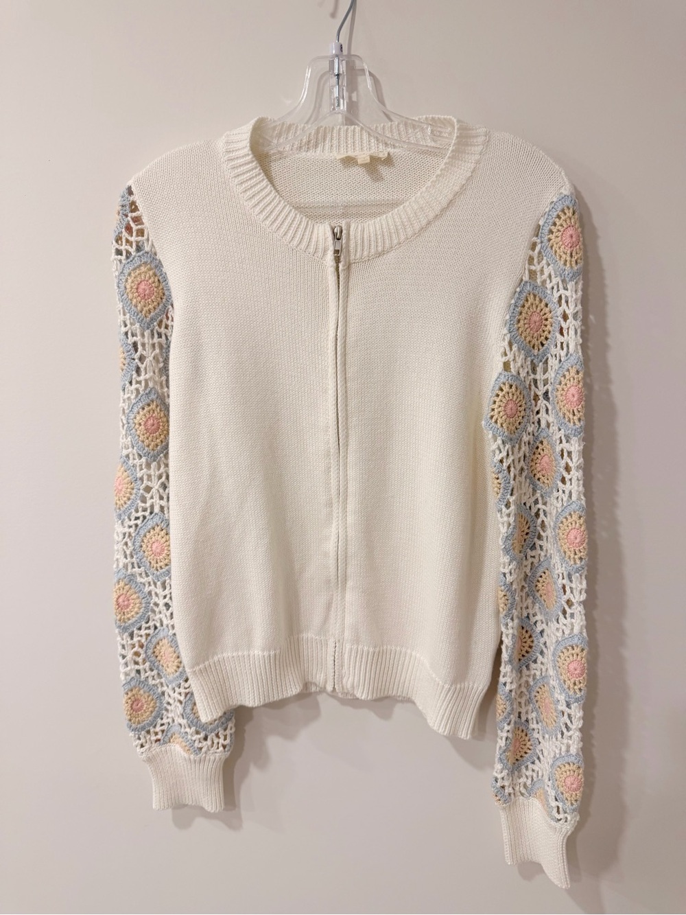 Mystree Crochet Sleeve Zip Up Cardigan Sweater Size Small
